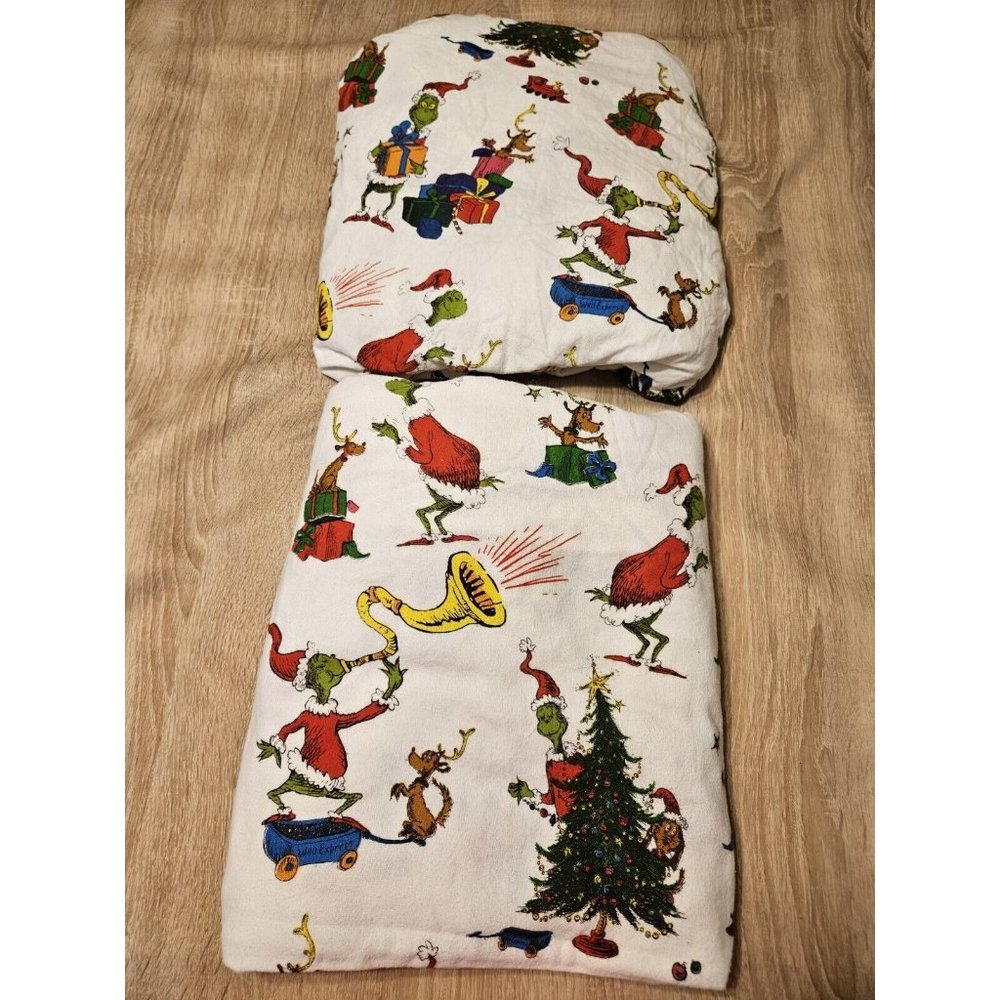 Pottery Barn Dr. Seuss The Grinch  Christmas TWIN Bed Sheets Flat Fitted Flannel